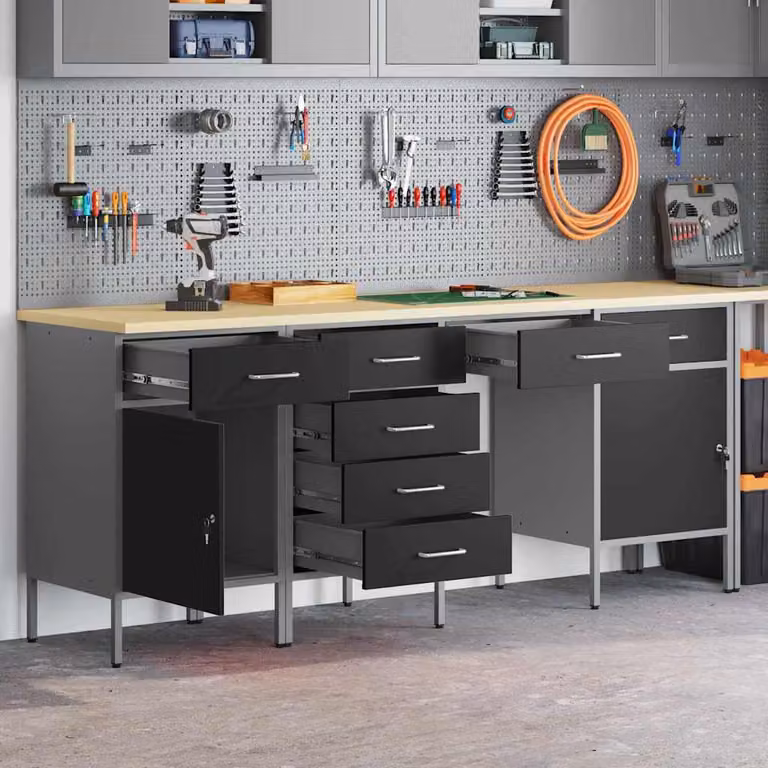 Set di carrelli mobile da lavoro vidaXL 4 pezzi in legno ingegnerizzato e acciaio, colore nero e grigio, con serratura