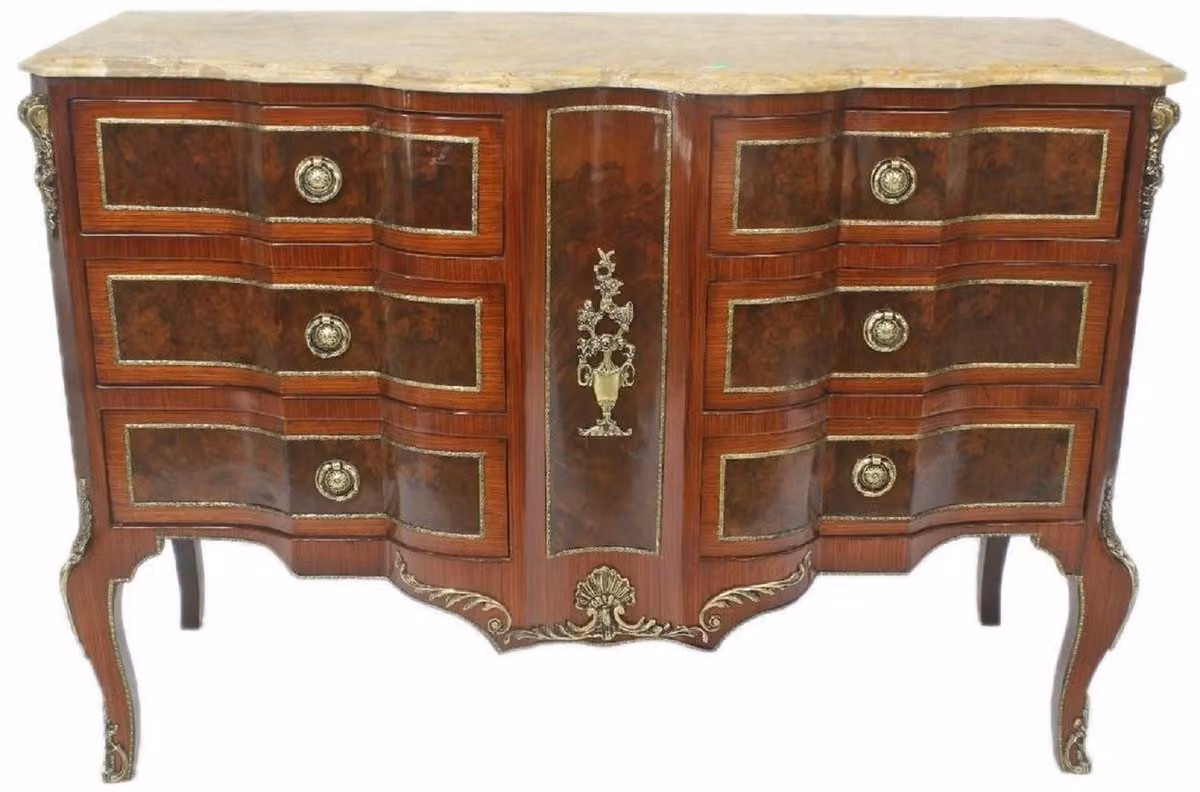 Casa Padrino Cassettiera barocca marrone / oro / crema 130 x 50 x h. 90 cm - Cassettiera artigianale in legno massiccio con 6 cassetti e piano in marmo - Mobili barocchi