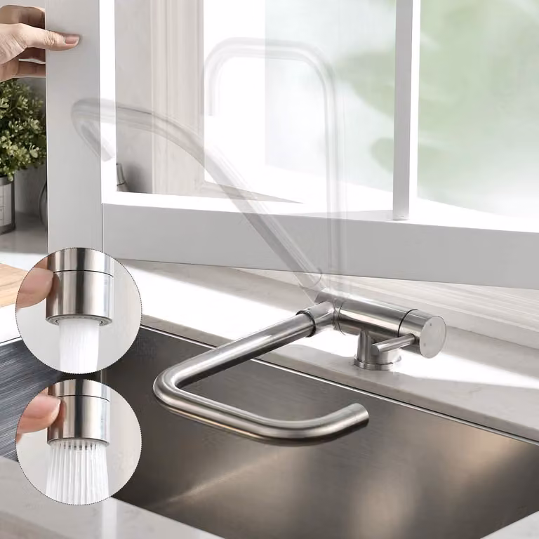 Rubinetto da cucina pieghevole, girevole a 360°, con 2 tipi di getto, monoblocco, in acciaio inossidabile