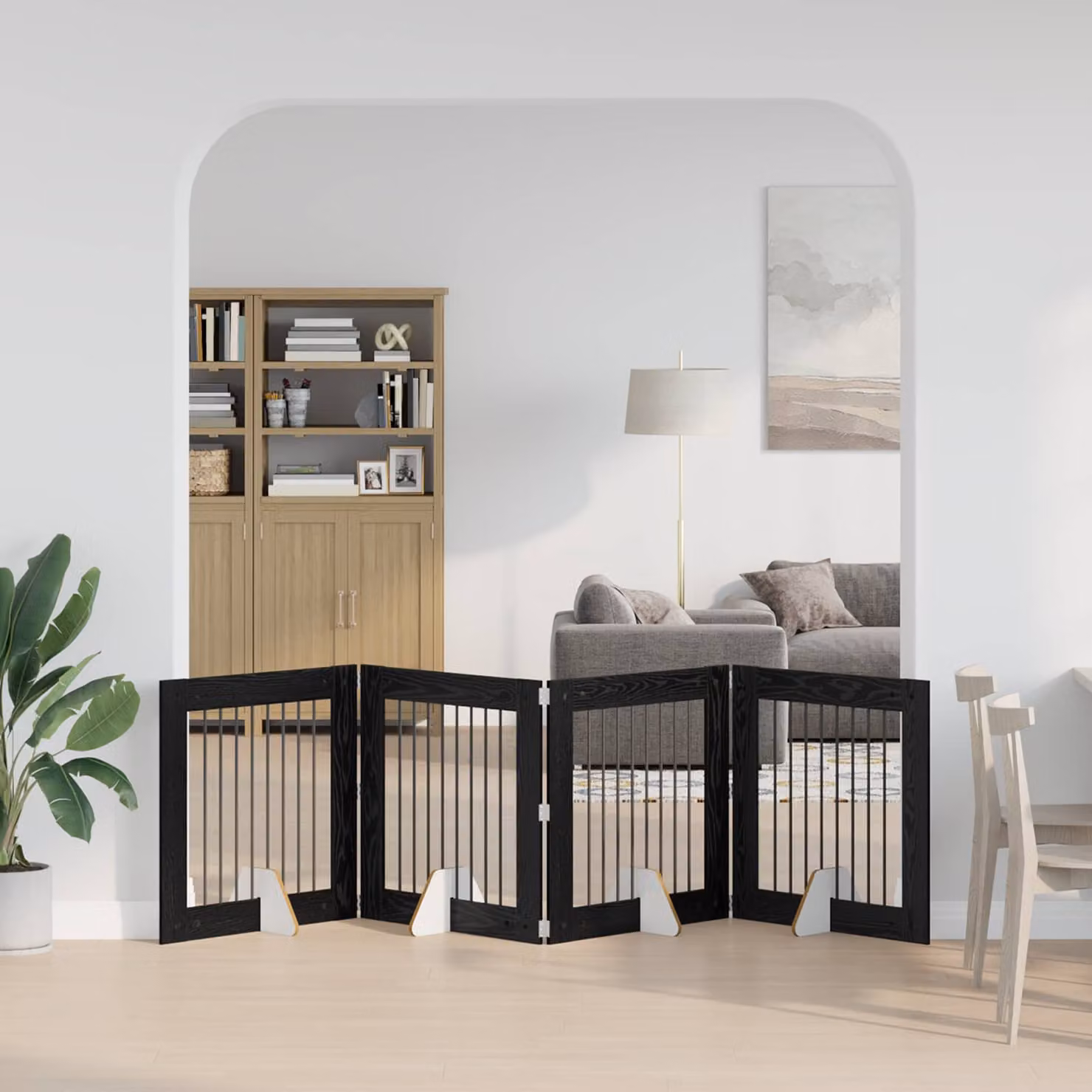 Cancello pieghevole per cani vidaXL con 4 supporti, colore nero e finitura rovere