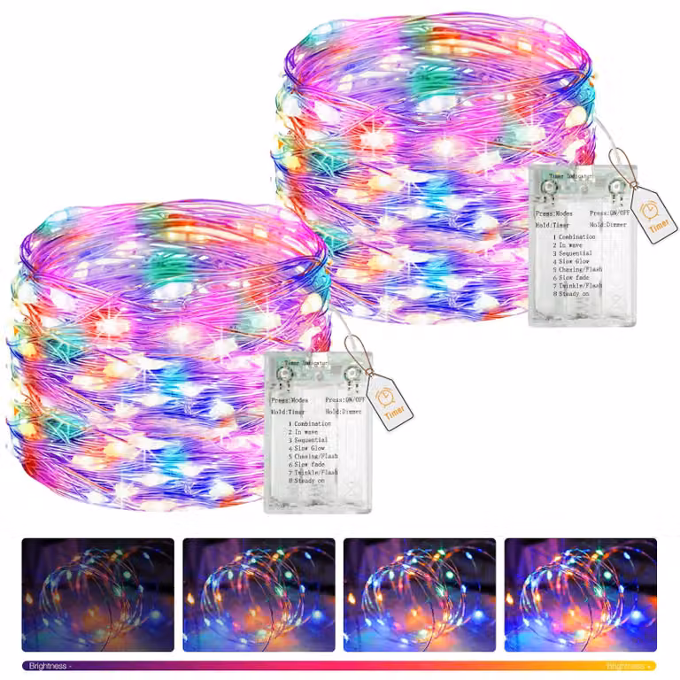 Catena luminosa a LED, 5 metri, 50 LED, confezione da 2, alimentazione a batteria, dimmerabile, multicolore