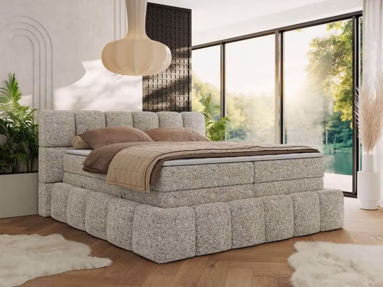 MKS MEBLE letto a molle 180 x 200 con cassetto NIRA KING, letto imbottito a 7 zone con materasso e topper, letto matrimoniale - Struttura beige - H4