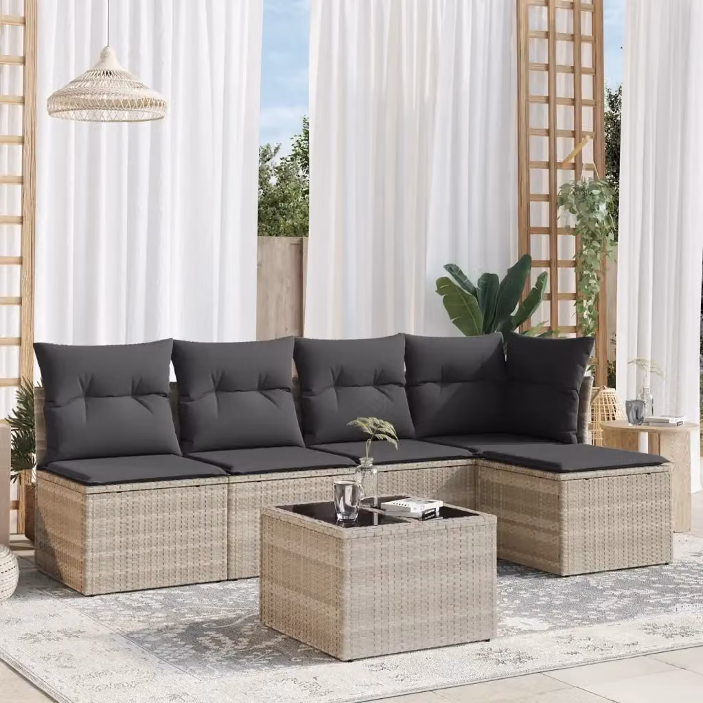 Set Salotto da Giardino Moderno a L con 6 Pezzi in Polyrattan Grigio con Cuscini Imbottiti e Tavolino – 2