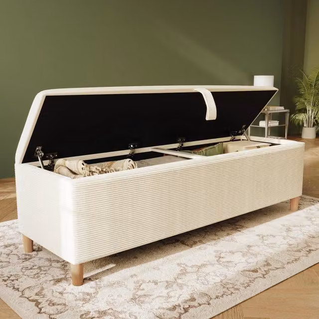 Panca fondo letto con vano contenitore idraulico Mivray in tessuto a coste beige e gambe in legno L: 165 cm, P: 46 cm, H: 38 cm – 1