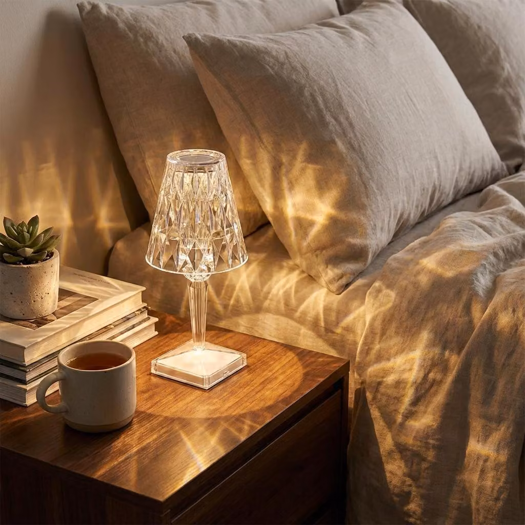 Lampada da tavolo di cristallo LED Lampada da comodino diamante 3 colori di luce Tocco dimmerabile USB ricaricabile Atmosfera acrilica Luce notturna Decorazione per la camera da letto