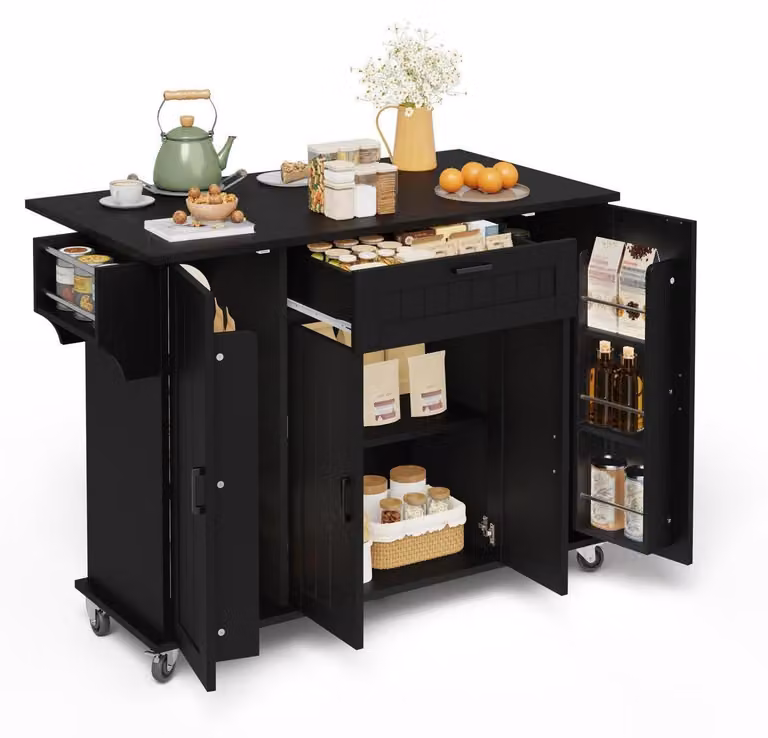 Isola mobile da cucina con piano di lavoro pieghevole e ruote, colore nero, dimensioni 120x45-70x95 cm