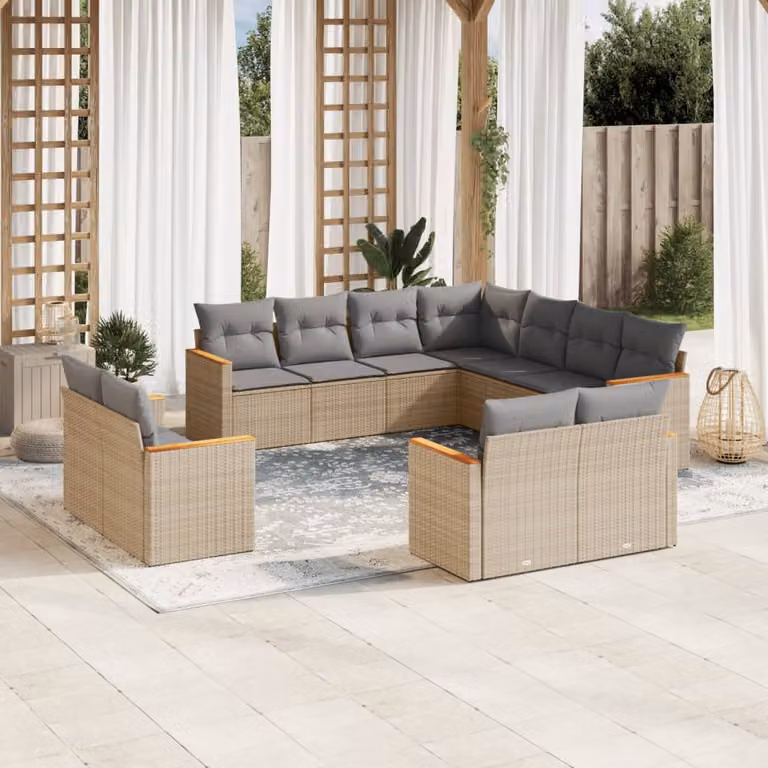 vidaXL Set Divano da Giardino a L 11 pz in Polyrattan con Cuscini Beige e Grigio e Struttura in Acciaio Verniciato a Polvere