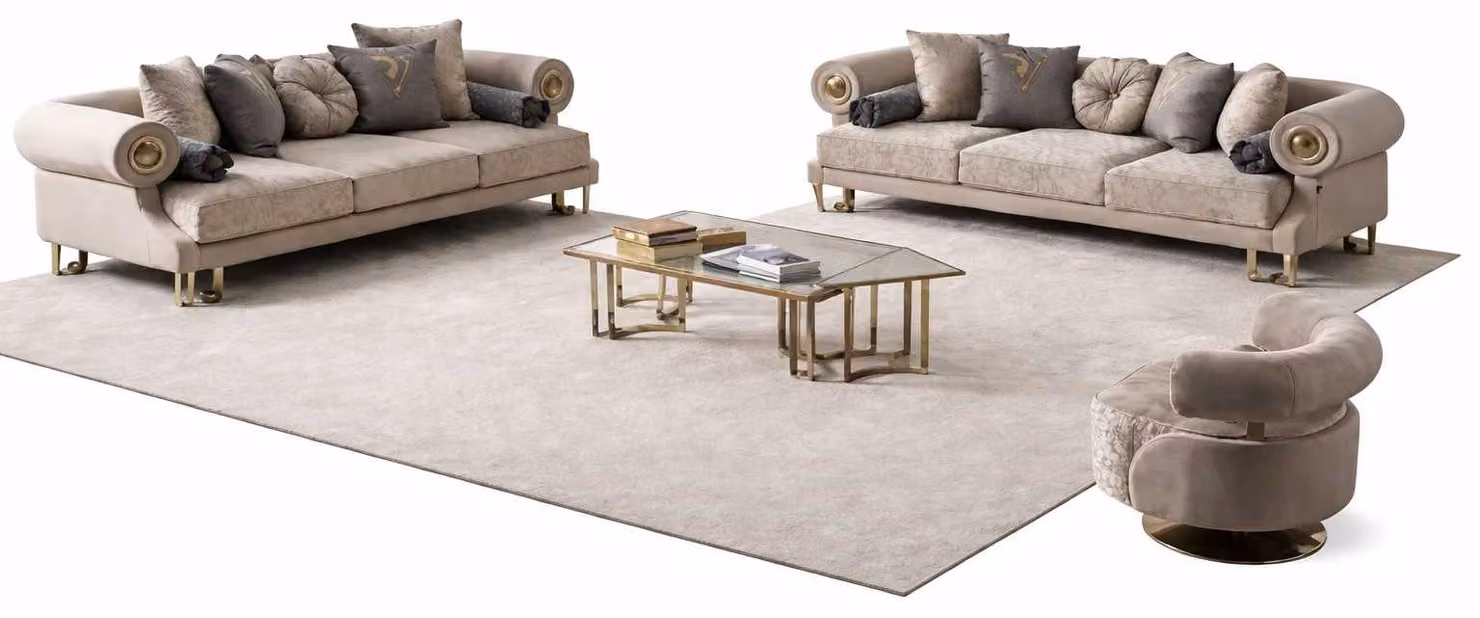 Elegante set da salotto con divano 3+3+1 posti e tavolino di design