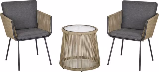 Set 2 Poltroncine con Tavolino da Esterno in Rattan PE Stile Boho, Cachi e Grigio
