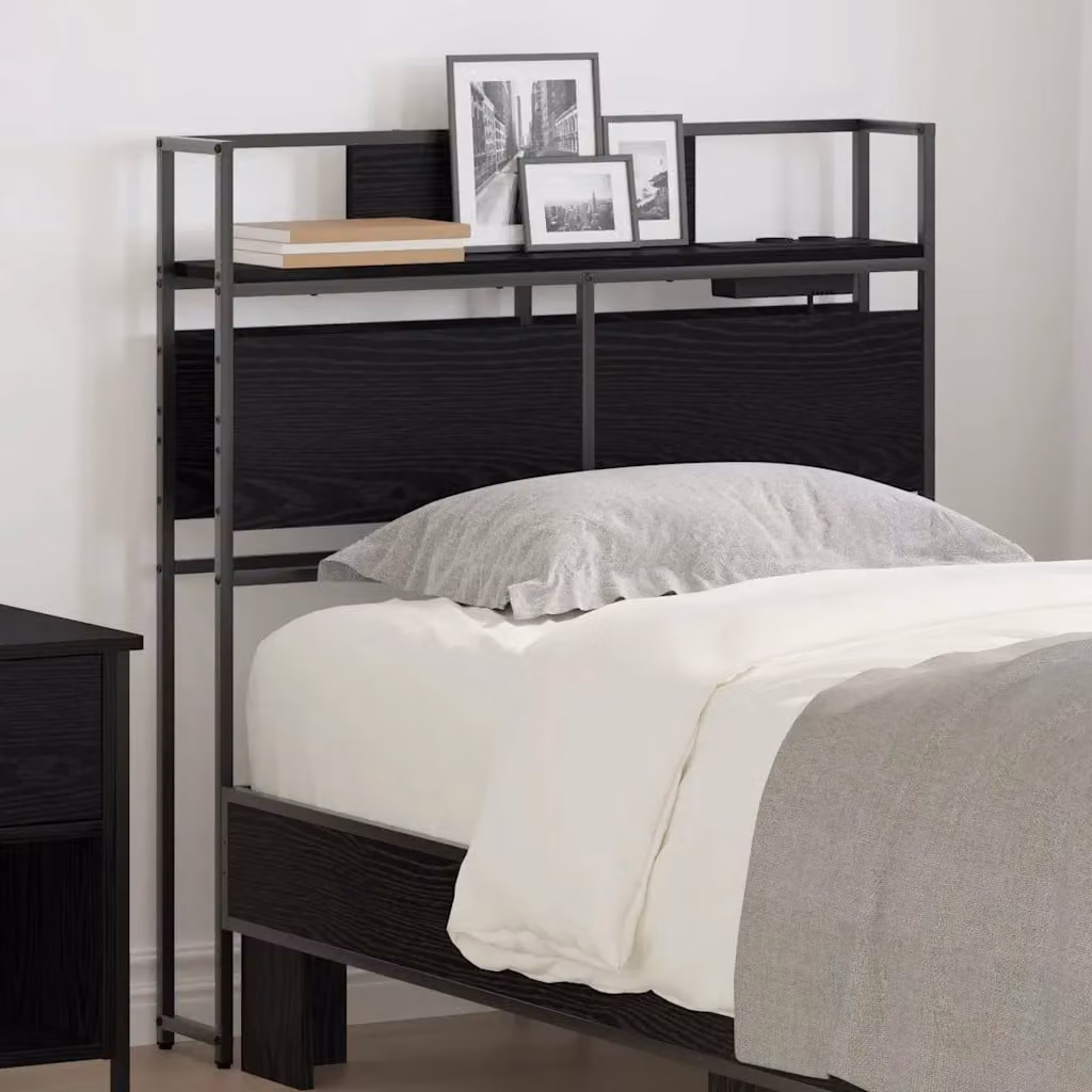 Testata letto con contenitore vidaXL in legno ingegnerizzato e metallo, colore nero opaco, con ripiano integrato e porta di ricarica USB