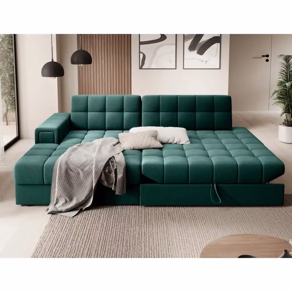 Divano angolare convertibile CUBITO MEUBLORAMA verde con letto e contenitore, modello moderno a forma di L con lato sinistro, L/P/H: 240 x 150 x 82 cm – 2
