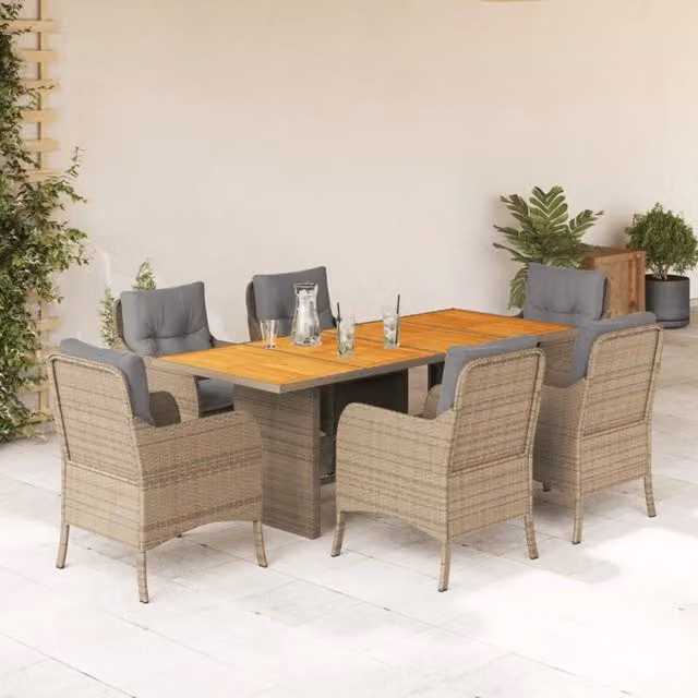 Set da pranzo da giardino vidaXL in polyrattan con cuscini beige e tavolo in legno di acacia per 7 persone