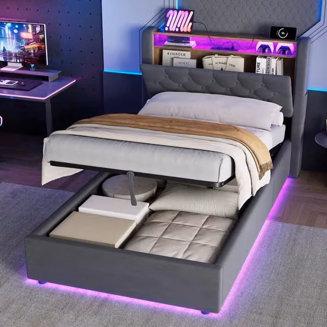 Letto contenitore singolo con mensola, USB, Type-C e LED 90 × 200 cm, senza materasso, grigio