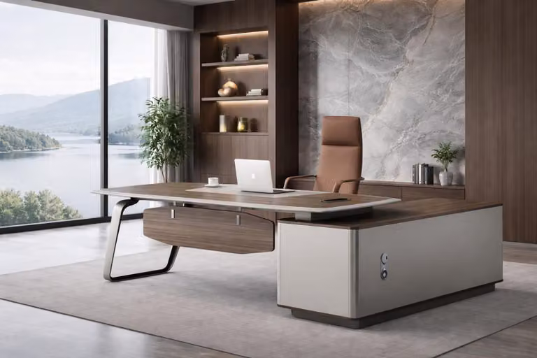 Scrivania direzionale Braun-Grauer, lussuosa scrivania da ufficio, elegante scrivania angolare
