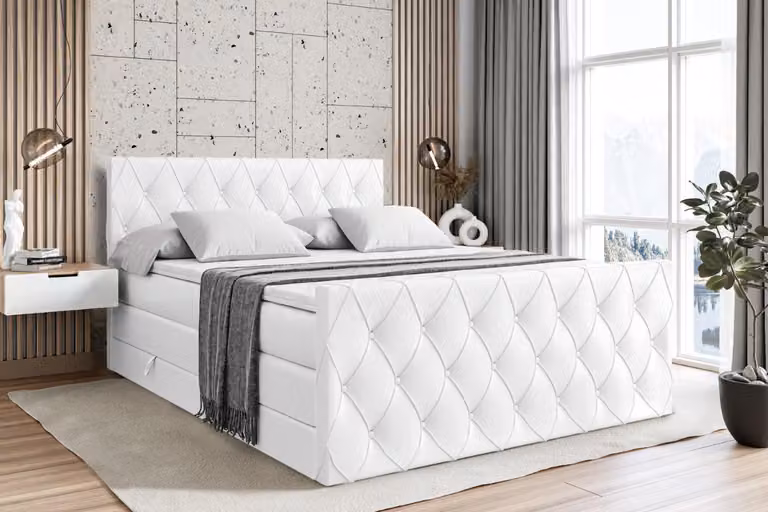 Letto boxspring ALTDECOR con materasso e rete a doghe - AMAY KING - 180x200 cm - Pelle finta bianca - Topper, pediera, letto imbottito con contenitore, letto con vano portaoggetti H3 e H4 - Materasso, letto matrimoniale, letto boxspring