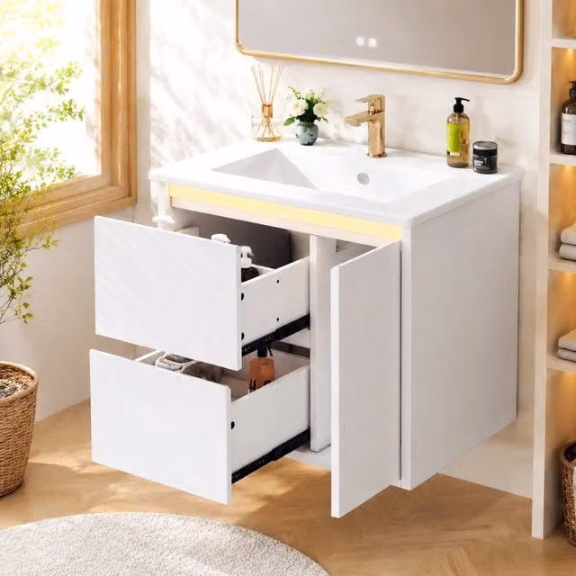 Lavabo sospeso a muro 61x46,5x57 cm bianco, laccato completo con lavabo integrato, luce LED sensore radar e cerniere soft-close