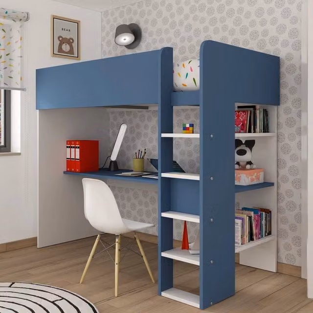 Letto a soppalco singolo con scrivania azzurro e bianco VERIAFFARI.IT L: 206 cm, P: 110 cm, H: 175 cm