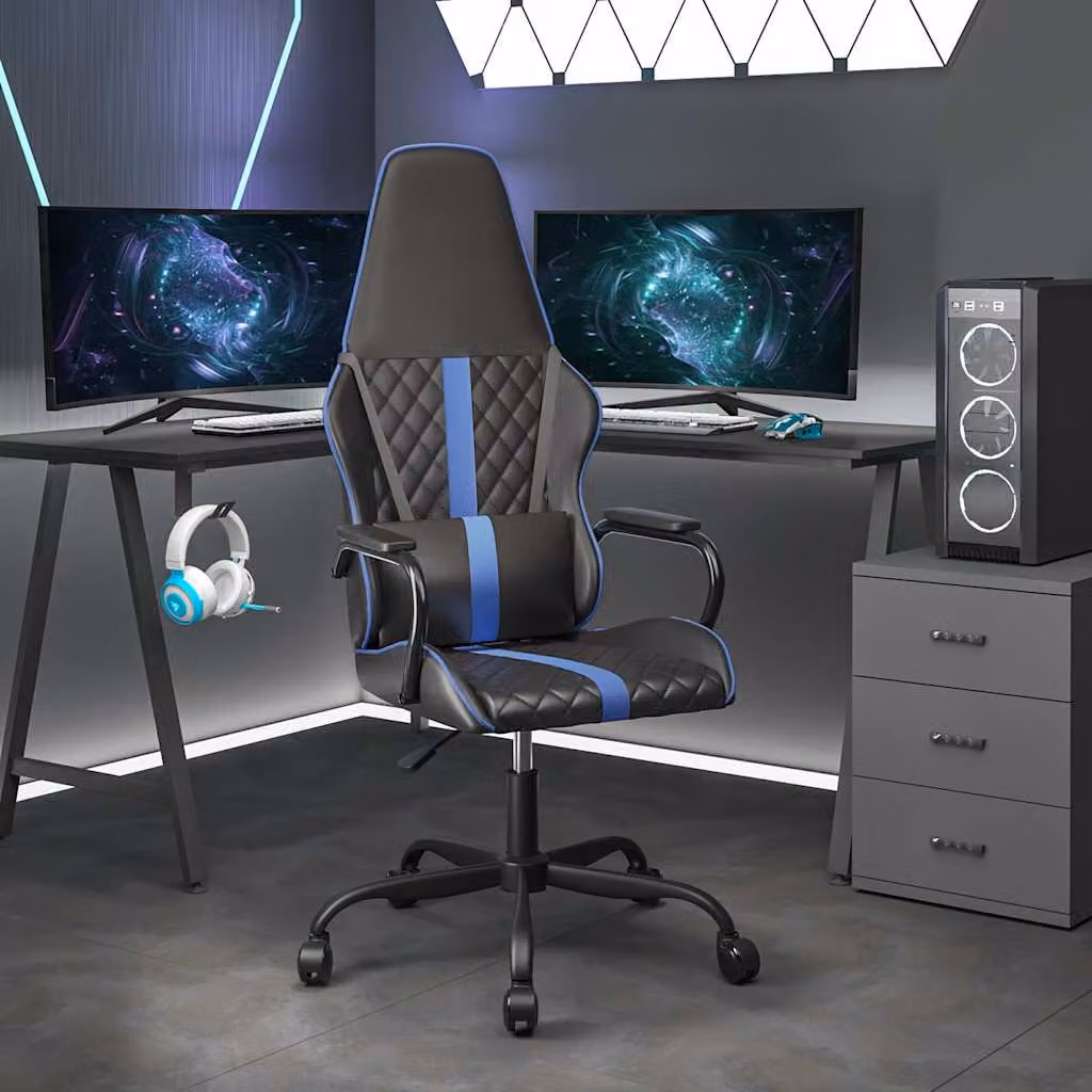 vidaXL Sedia da Gaming Blu e Nero in Similpelle con Poggiatesta e Ruote Girevoli