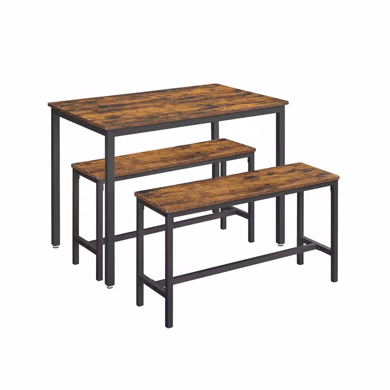Set di Tavolo da Pranzo e Panche, Marrone Vintage + Nero