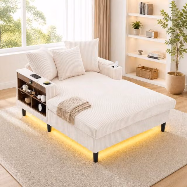 Chaise Longue REDOM in velluto a coste beige con LED, porta bicchieri, ricarica USB e contenitore, L/P/H: 170 x 129 x 70 cm