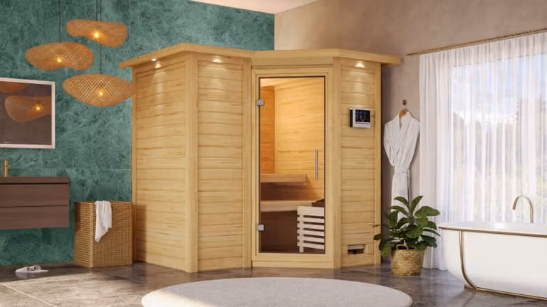 Sauna Sahib 1: con cornice luminosa sul soffitto: 9 kW, stufa finlandese + centralina Easy Finn. Sauna: cornice luminosa sul soffitto. Stufa: 9 kW, stufa finlandese + centralina Easy Finn. Porta della sauna: porta in vetro trasparente