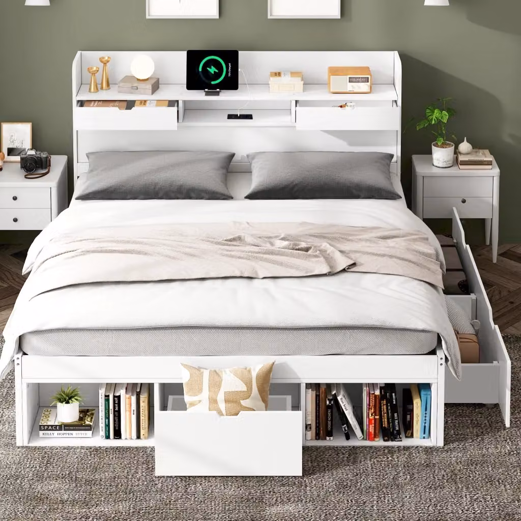 Letto una piazza e mezza Chicfurn moderno con cassetti, ripiani e porte USB e Tipo C, bianco, L/P/H: 140 x 200 cm – 2