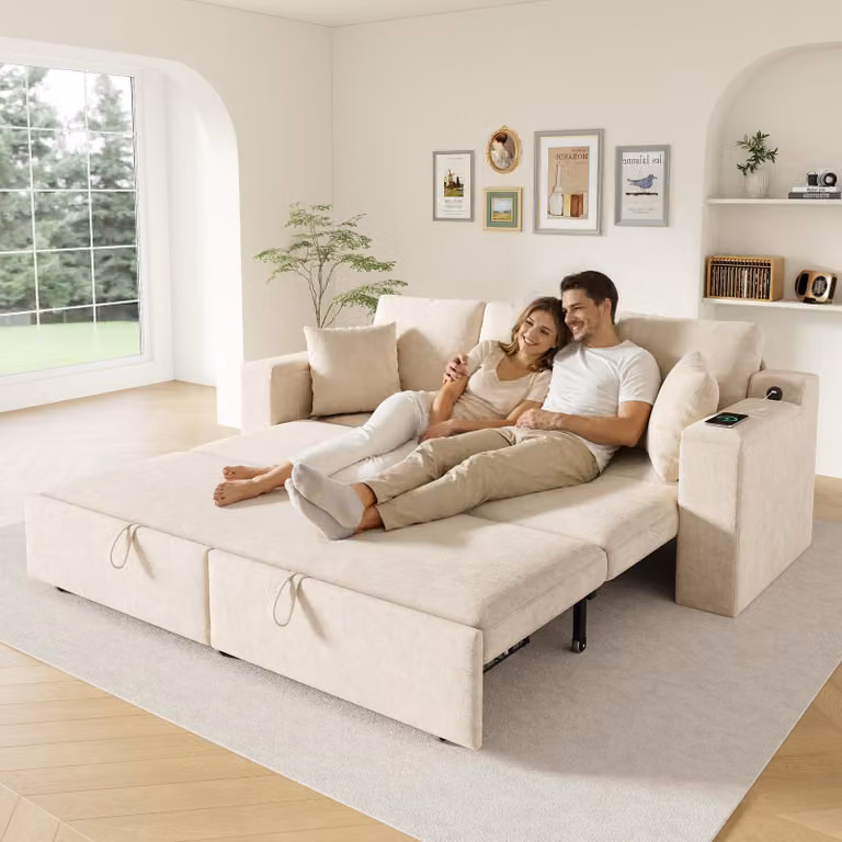 Divano letto 3 in 1 Merax, divano multifunzionale con funzione letto, porte di ricarica USB, vano portaoggetti, divano letto per soggiorno e camera da letto, beige