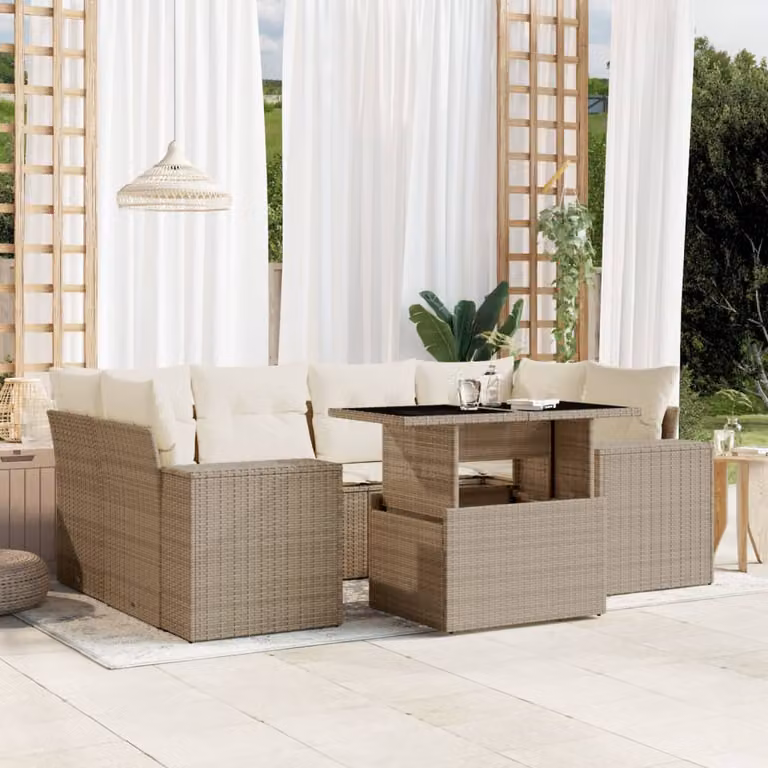 vidaXL Set Divani da Giardino a L 7 pz con Cuscini Beige e Tavolino in Vetro