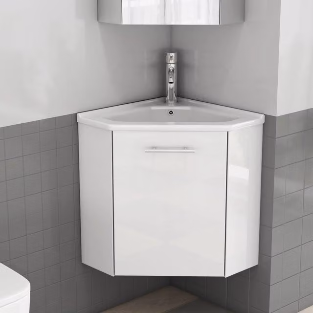 Mobile angolare da bagno con lavabo in ceramica lucida e paraspruzzi, completamente preassemblato per una facile installazione, lavabo angolare