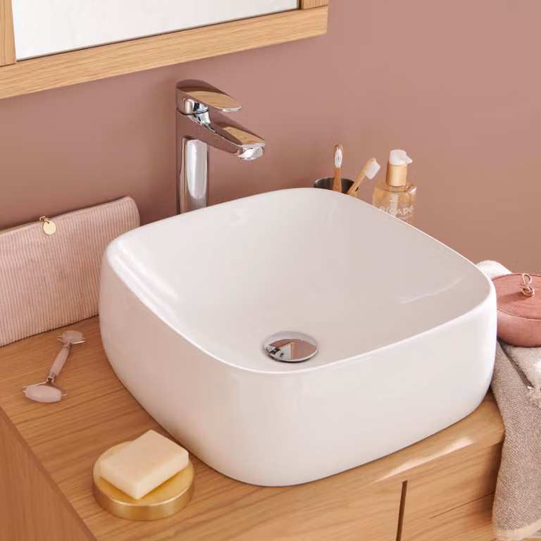 Lavabo da appoggio quadrato in Vetroceramica bianca INU da 39 cm