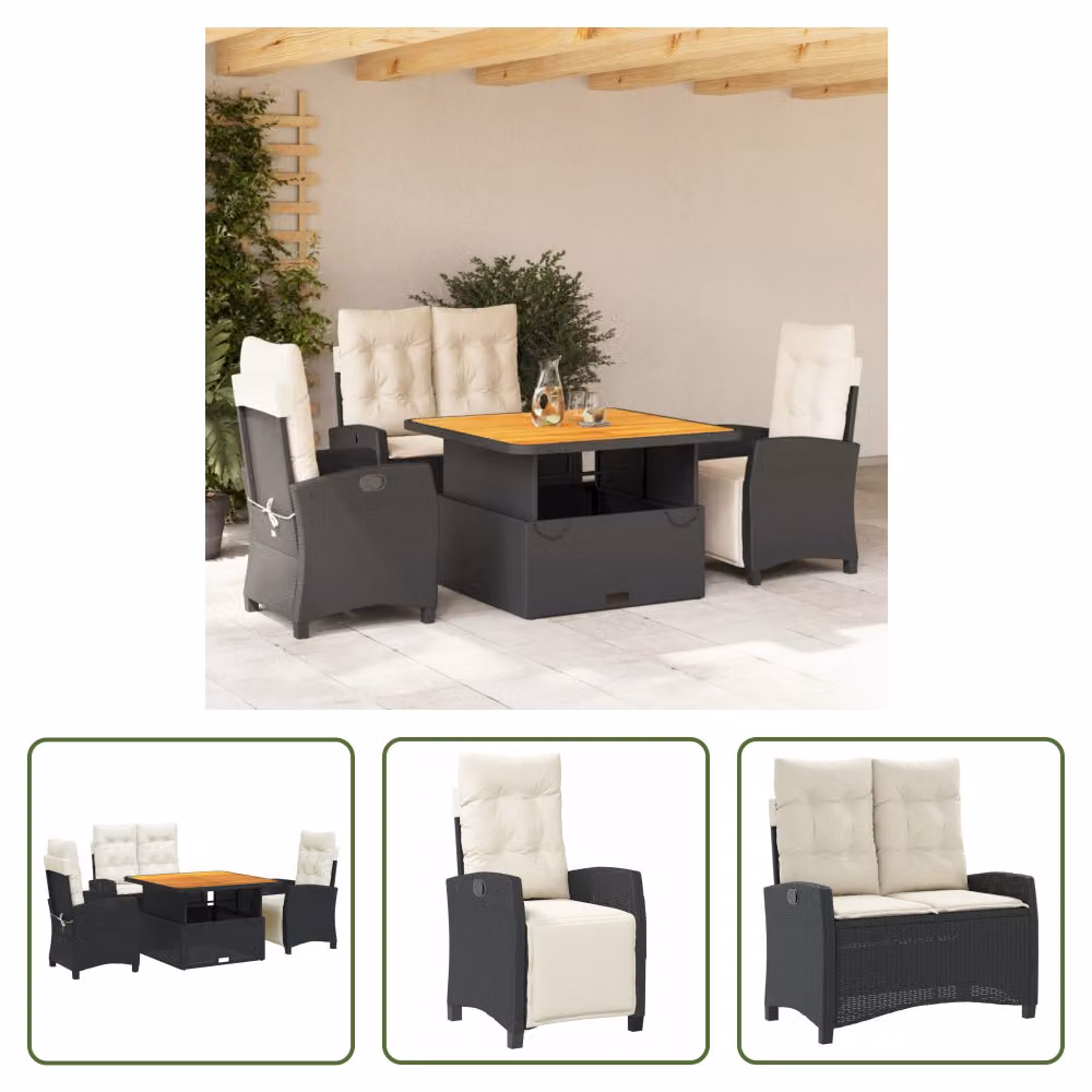 The Living Store Set da pranzo da giardino 4 pezzi con cuscini in poly rattan nero