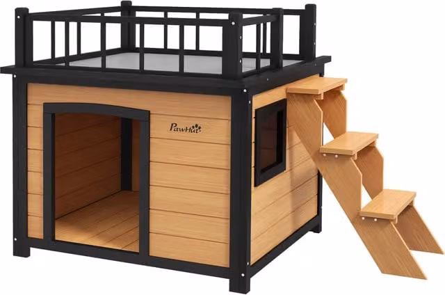 Cuccia per cani con balcone, scala e finestra, in legno di abete giallo, 121x77x78 cm, per cani piccoli e medi