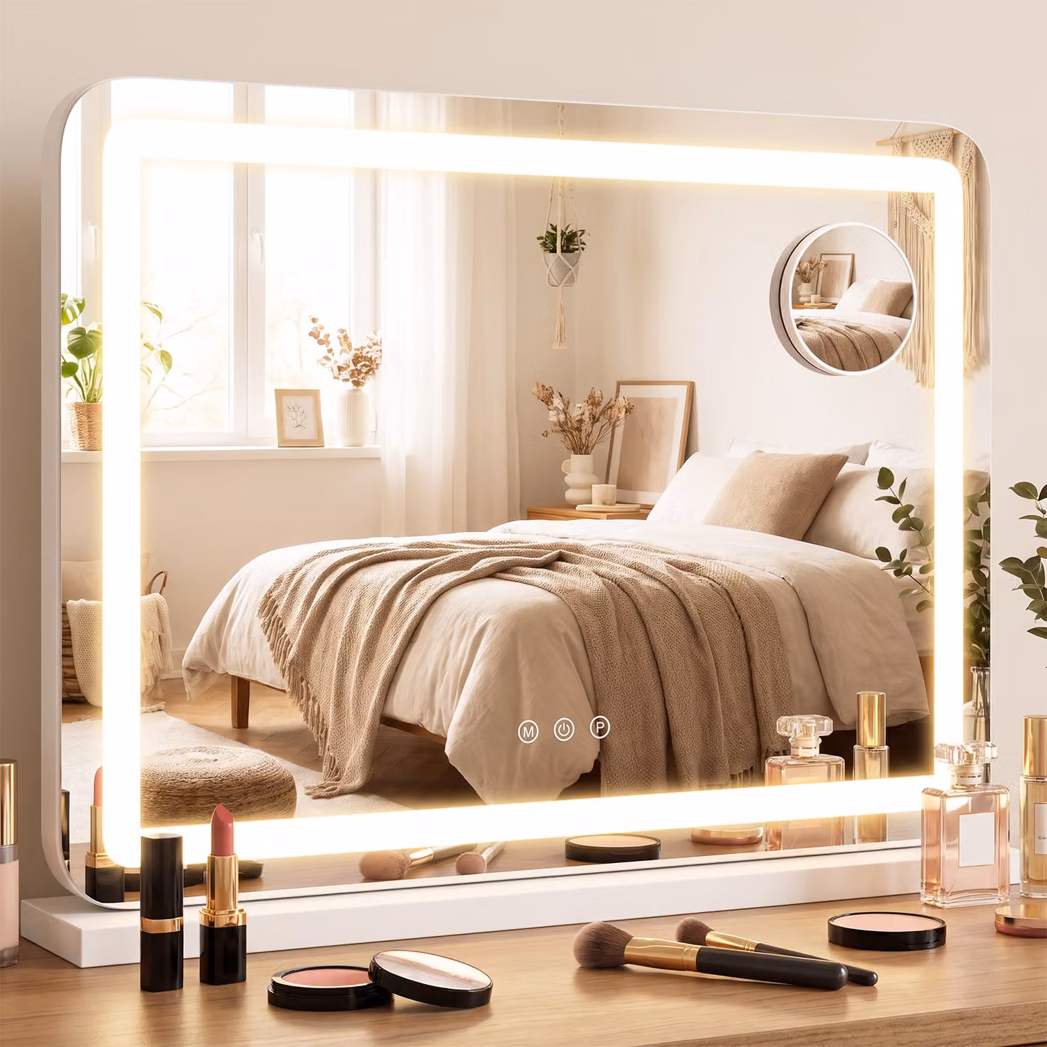 Costway Specchio trucco con luci 3 colori e luminosità regolabile, Specchio da tavolo o da parete con ingranditore 10x rimovibile stazione di ricarica
