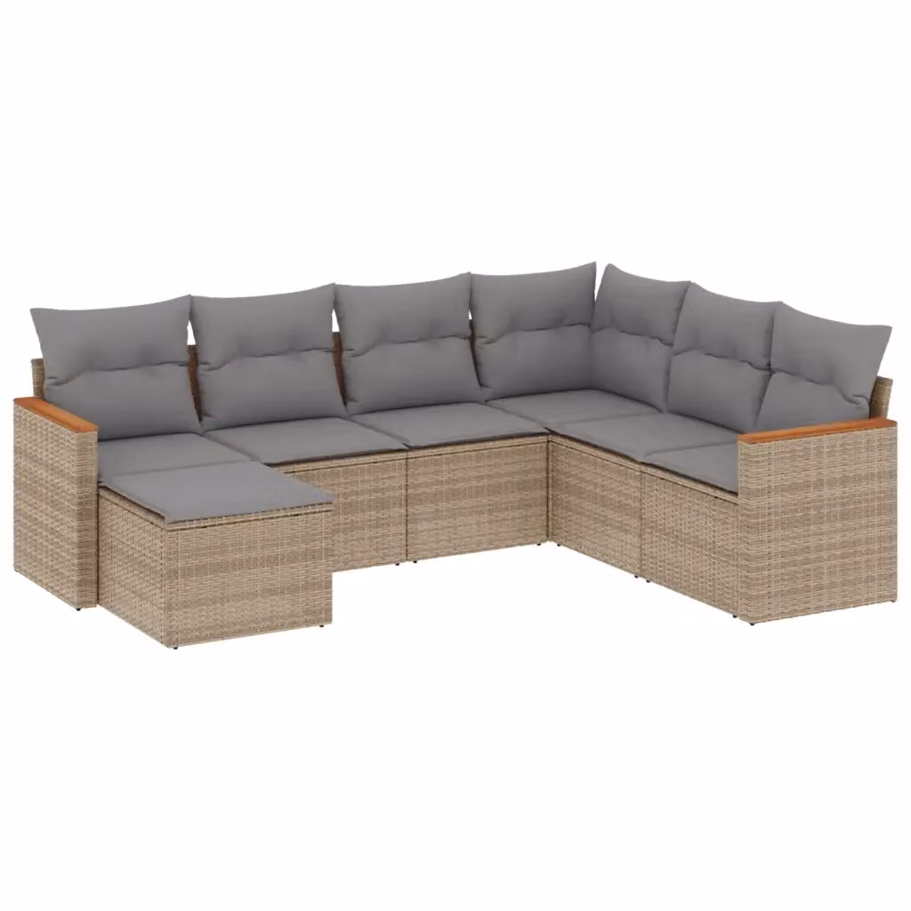 vidaXL Set Divani da Giardino 7 pz a Forma di L in Polyrattan con Cuscini Beige e Grigio – 2