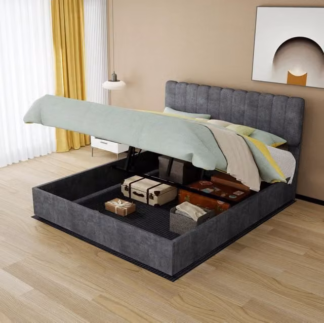 Letto matrimoniale ULEVR 160x200 cm in velluto olandese grigio con testiera alta, materasso incluso