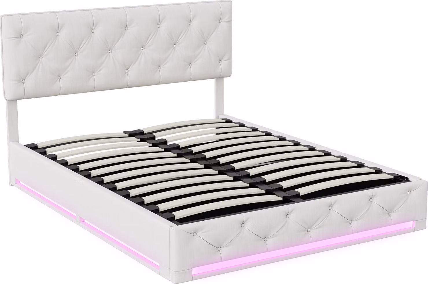 Letto Moonbite con contenitore 140x200 cm – Scrivania a ribalta con illuminazione LED, contenitore integrato nella struttura, rete a doghe, tessuto, color beige