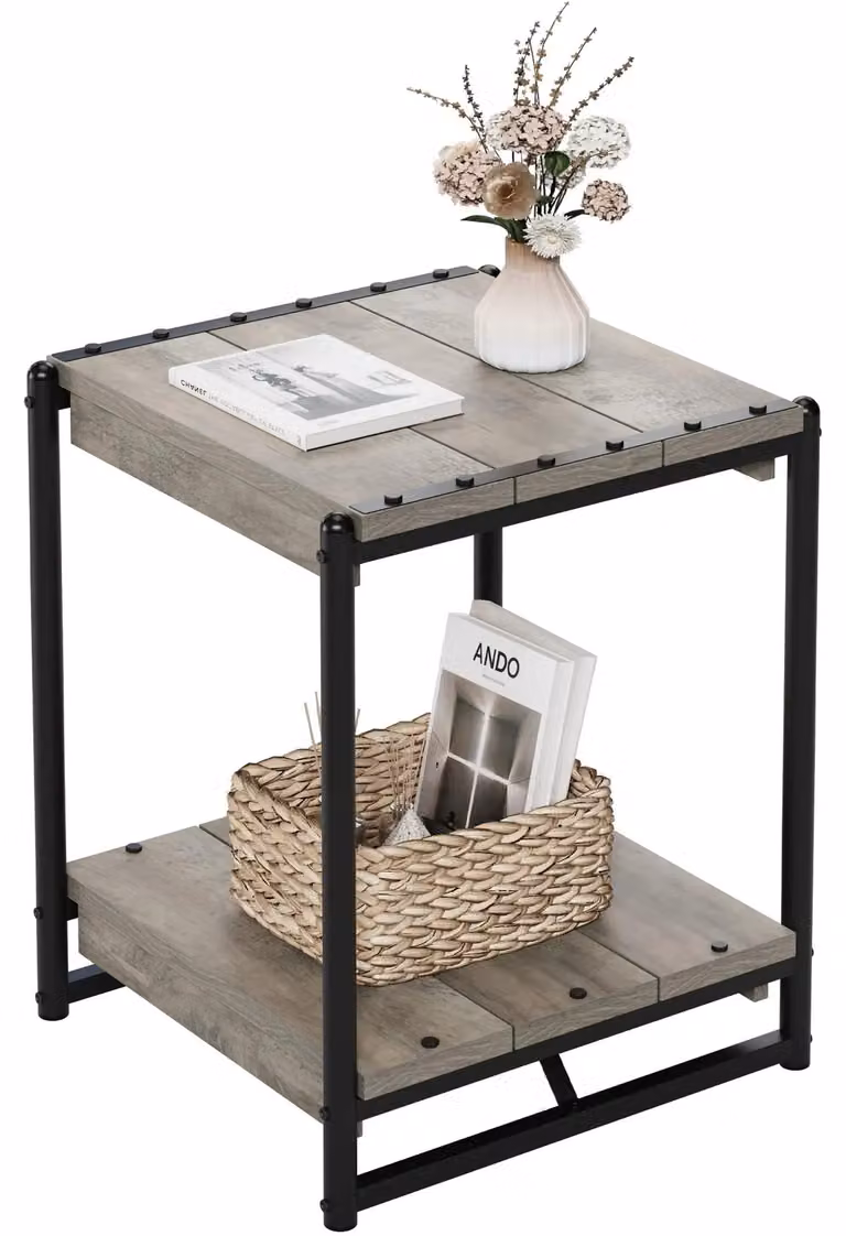 Tavolino da caffè / comodino - Tavolo quadrato a 2 piani - Legno con struttura in metallo - Con ripiano inferiore - Stile minimalista marocchino - Grigio