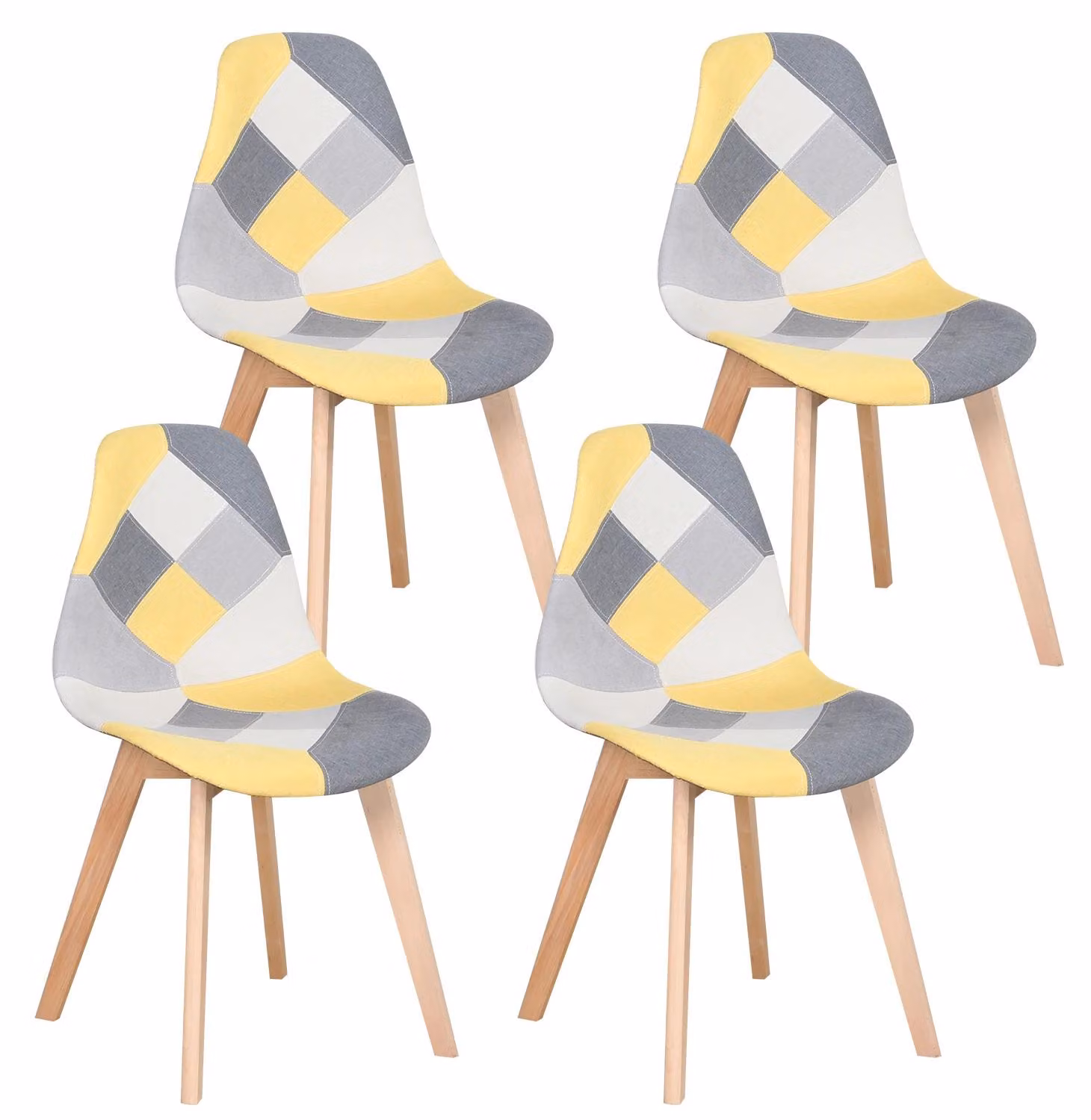 Set di 4 sedie da pranzo - Sedia imbottita per cucina e sala da pranzo - Design patchwork - Gambe in legno - Stile retrò moderno - Giallo