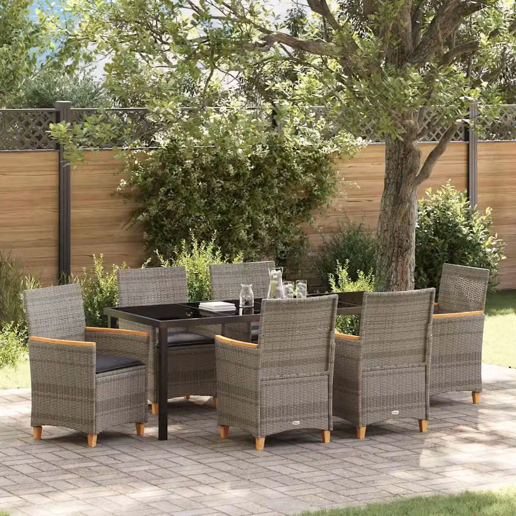 Set da pranzo per giardino e terrazza vidaXL in polyrattan grigio con tavolo in vetro, 7 pezzi