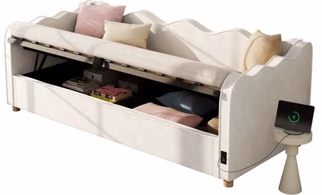 Letto contenitore per bambini 90 × 200 cm con contenitore idraulico, USB e Type-C, senza materasso, in velluto beige