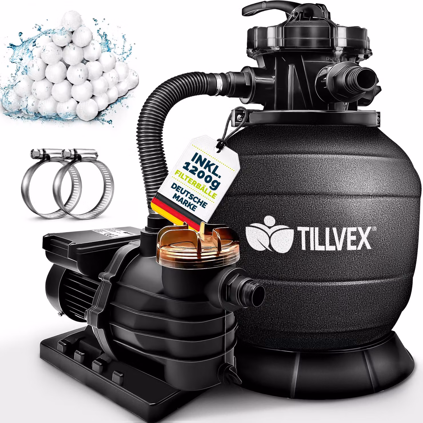 tillvex® Sistema di filtraggio a sabbia per piscina nero 13.200L/h fino a 40.000L + sfere filtranti da 1200g | sistema di filtraggio valvola a 7 vie & adattatore 2in1 Ø32-38mm | filtro per piscina autoadescante | filtro a sabbia per piscina