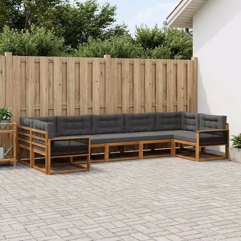 Set di divani da esterno vidaXL a forma di L in legno di acacia con cuscini, 7 pezzi, Marrone e Antracite