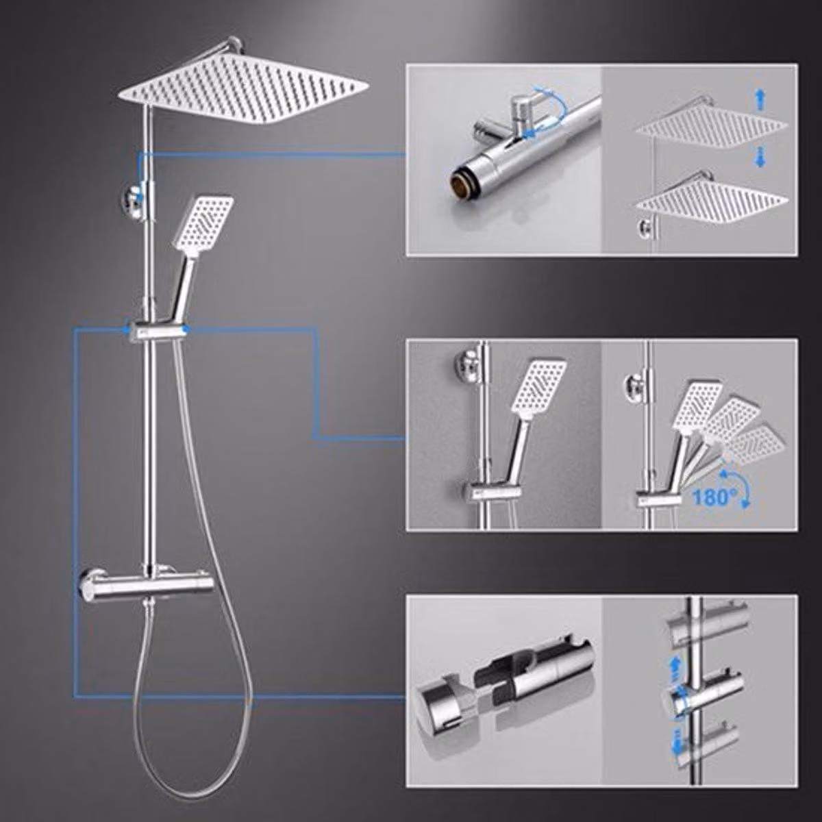 Sistema doccia a soffitto – Set doccia con miscelatore termostatico e soffione principale di grandi dimensioni, 35x25 cm