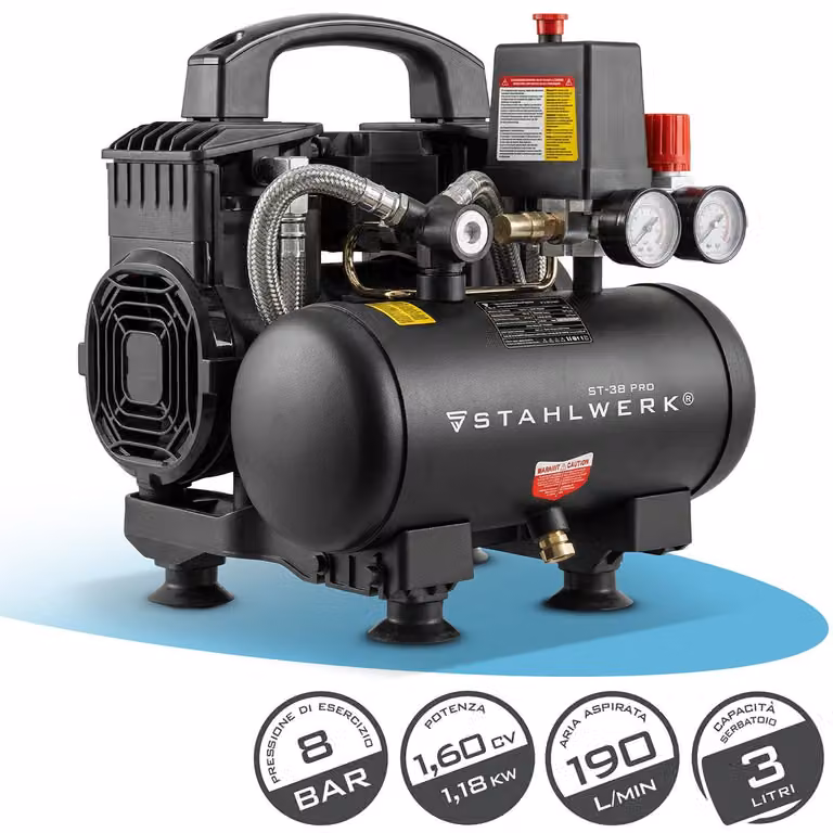 Compressore STAHLWERK con serbatoio da 3 L (ST-38 Pro) - senza olio e silenzioso, 8 bar, compressore d'aria silenzioso con motori brushless, 1,60 hp, 1,18 kW, 190 l/min