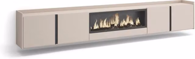 Mobile TV Soggiorno, 315x50x35 cm, Per TV fino a 80", Camino elettrico XXL, Sospeso, da appendere, Beige