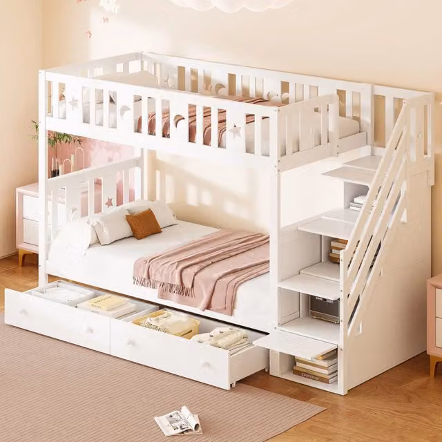 Letto a castello per bambini 90x200 cm in legno massello con scala di sicurezza e ampi cassetti bianchi