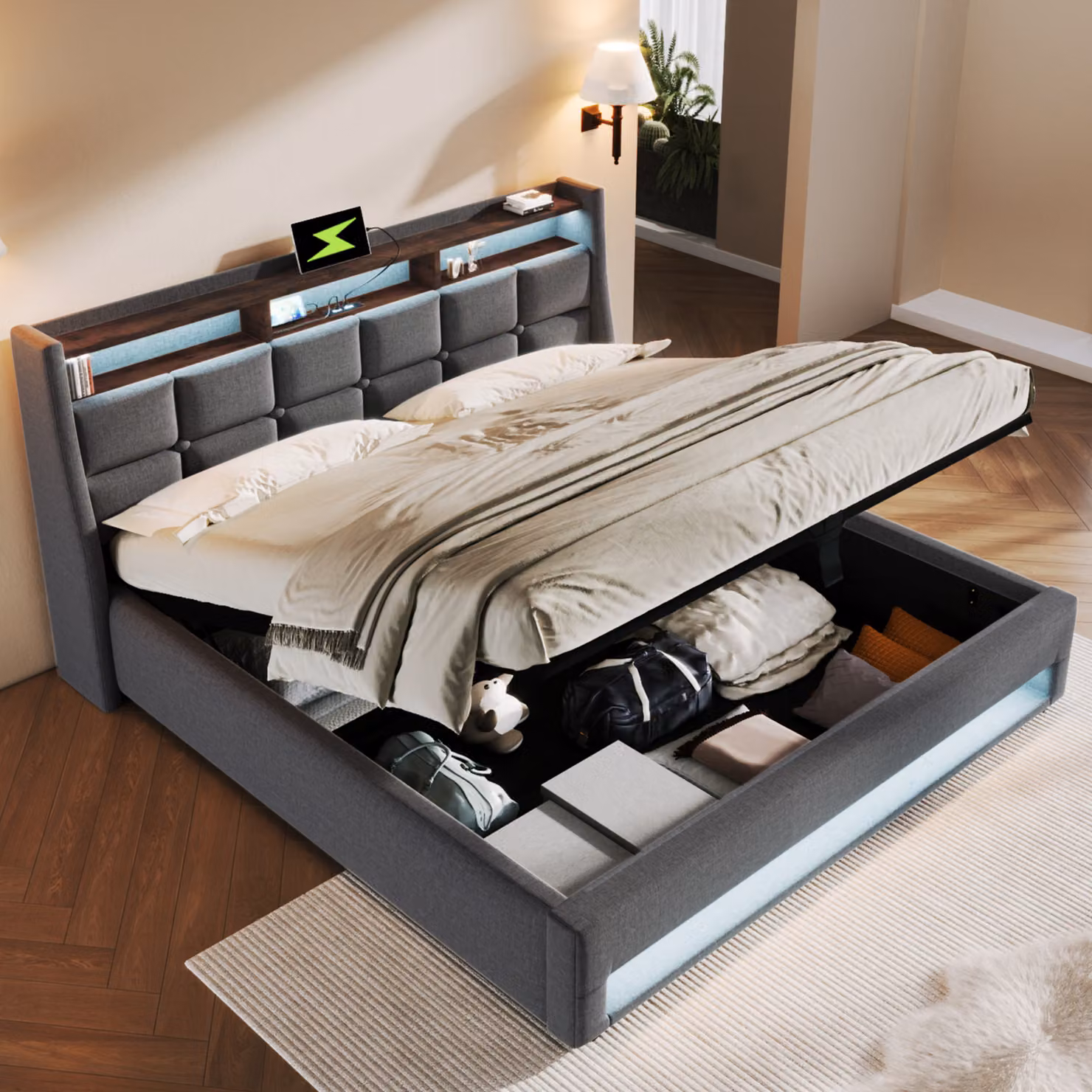 MODFU letto a sacco imbottito 160x200cm, box letto matrimoniale idraulico con luce LED e USB (senza materasso), grigio