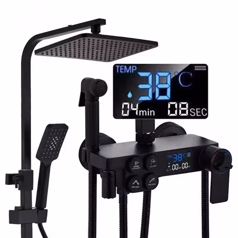 Sistema doccia con termostato, set doccia a pioggia, gruppo doccia, rubinetteria per doccia, indicatore LED, nero