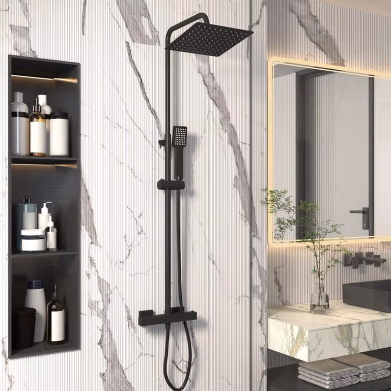Sistema doccia con termostato, nero. Set completo per rubinetto doccia, design quadrato, 20 cm. Doccia a pioggia in acciaio inossidabile 304. Colonna doccia, altezza 150 cm. Tubo flessibile con altezza regolabile