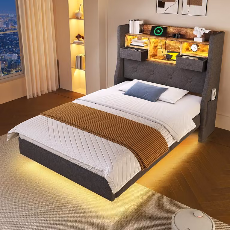 Letto imbottito 90x200 cm con illuminazione a LED, rete a doghe e base di ricarica, letto sospeso grigio con testiera in lino contenitore, ideale per la camera da letto